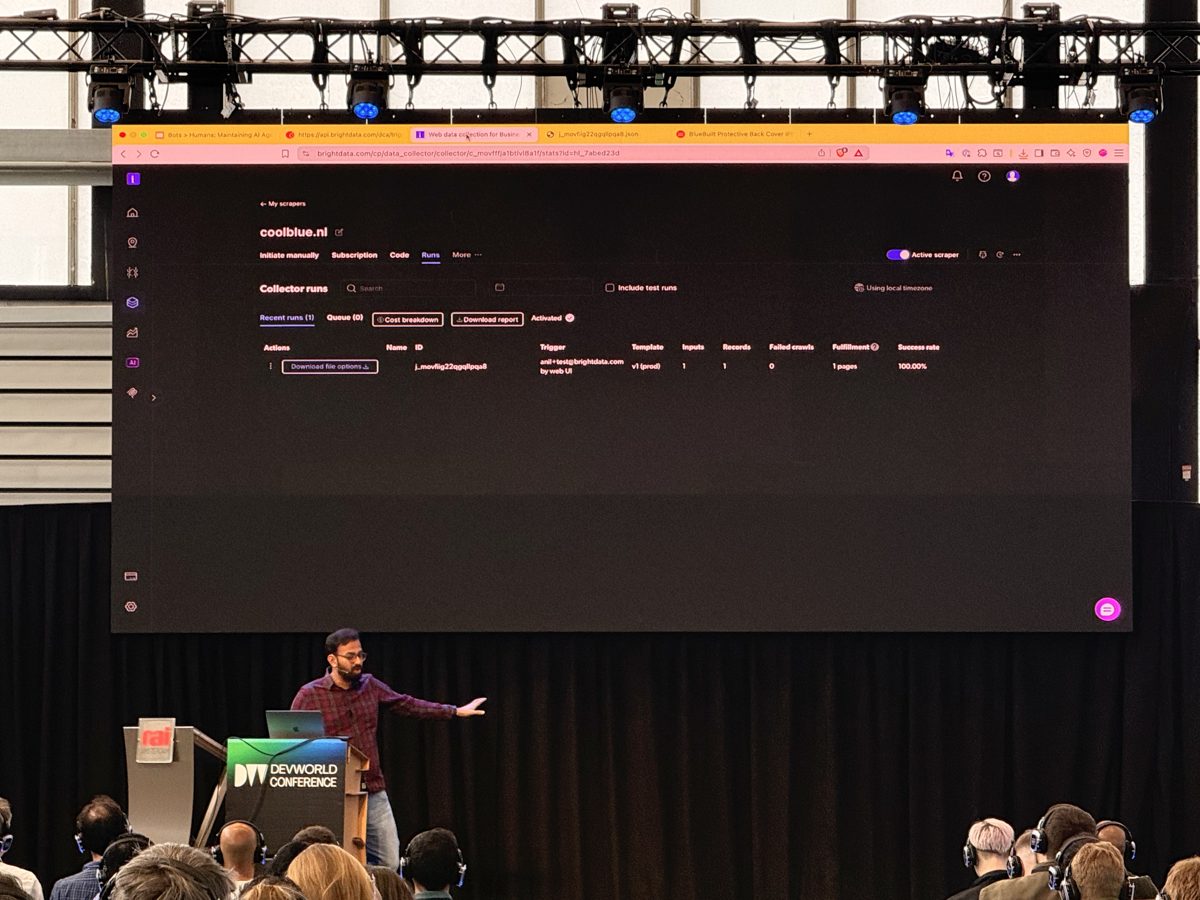 Live demo of Bright Data Scraper Studio showing a coolblue.nl collector run